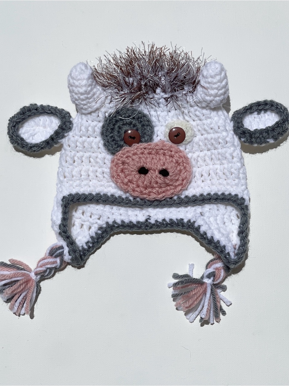 Handmade Crochet Cow Earflap Hat – White/Pink – Newborn Size - Picture 2 of 4